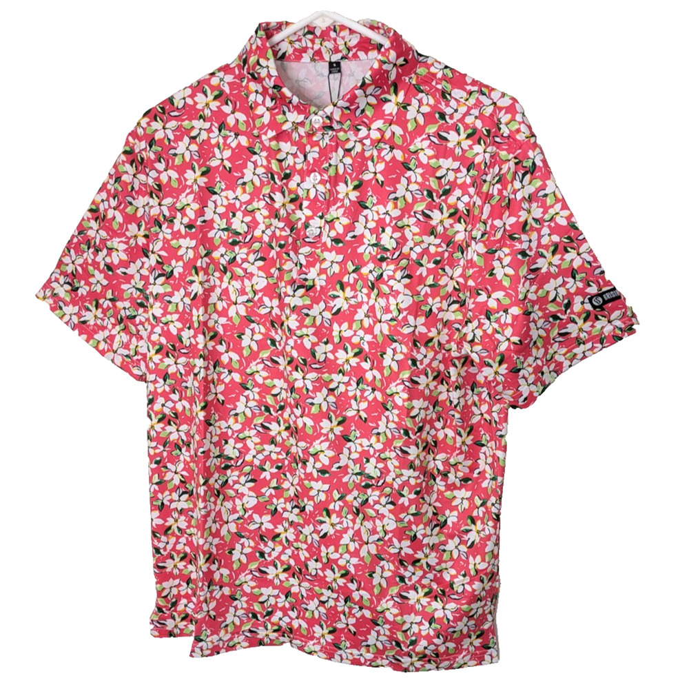 Mens Golf Polo Shirt Moisture Wicking Small Pink Floral Short Sleeve